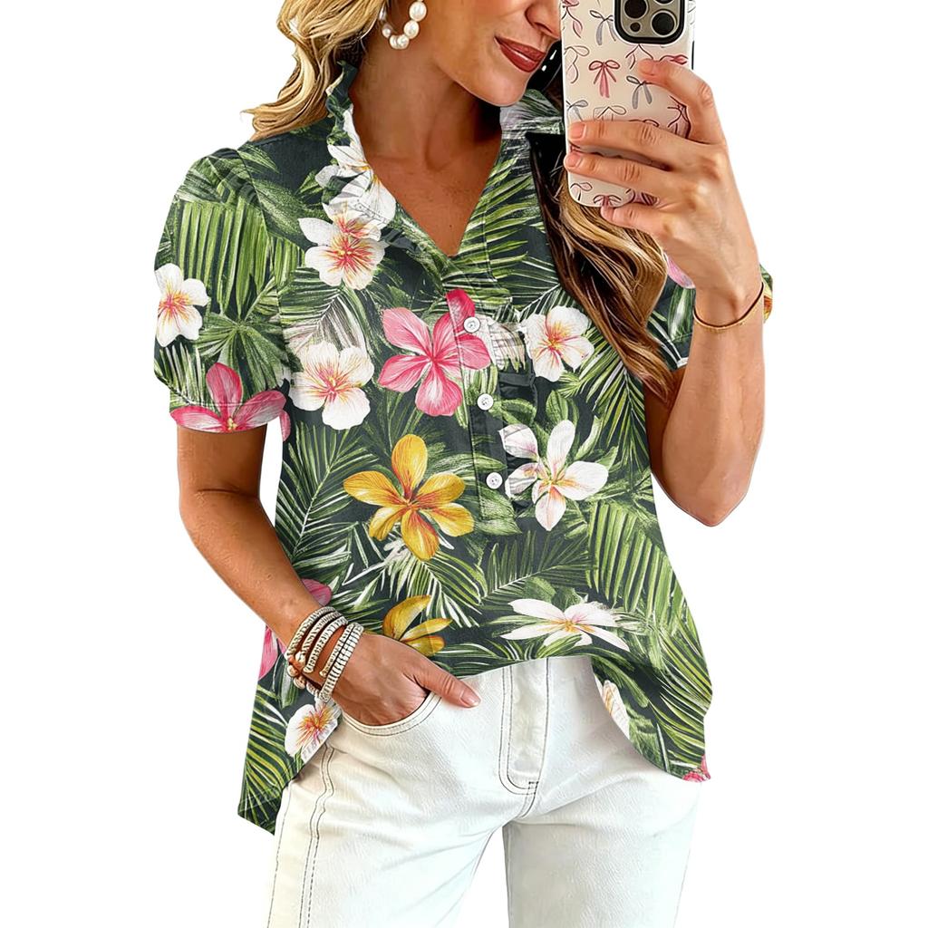Women’s Casual Ruffle V Neck Top with Hawaiian Tree Print Short Puff Sleeve Button Down Relaxed Fit Summer Blouse