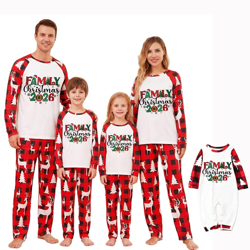 Family Matching Loungewear Set with Christmas Print, Round Neck, Long Sleeve and Pants