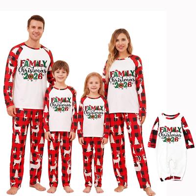 Conjunto de Ropa de Casa Familiar a Juego con Estampado Navideño, Cuello Redondo, Manga Larga y Pantalones