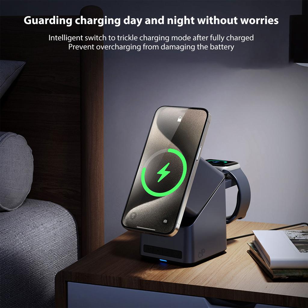 4 in 1 Wireless Charger with 180 degrees  Auto Rotation Watch Charging Station HD Display Clock Smart Trickle Charging
