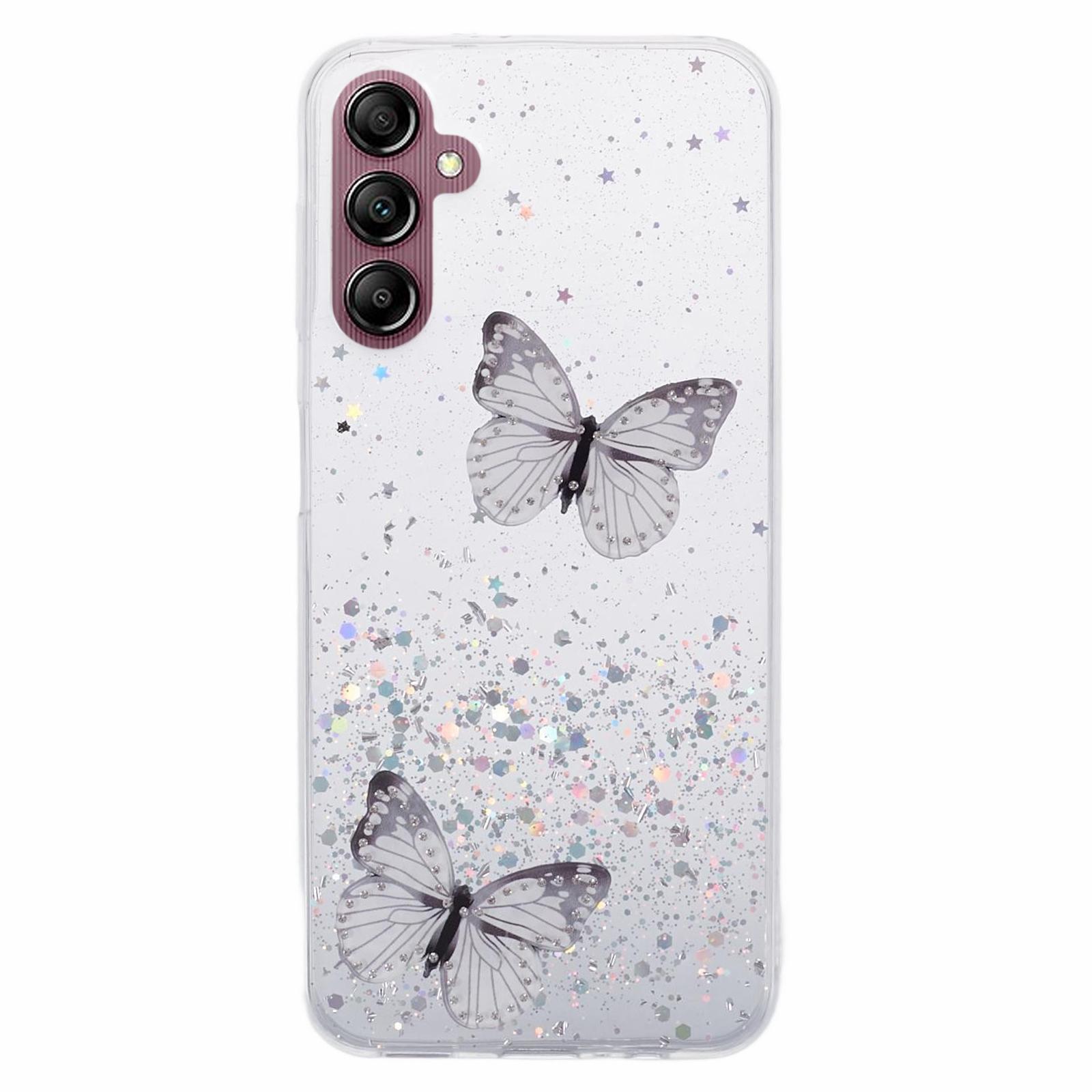 

For Samsung Galaxy A34 5G Case AW Series TPU+PVC Cover Sparkle Epoxy Butterfly Decor Anti-scratch Case White