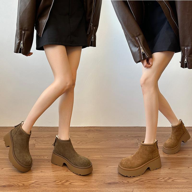 Зимові снігові чоботи, новинка, м'яка шкіра, мафінова товста підошва, збільшення висоти, оксамитові повсякденні бавовняні туфлі, жіночі короткі чоботи