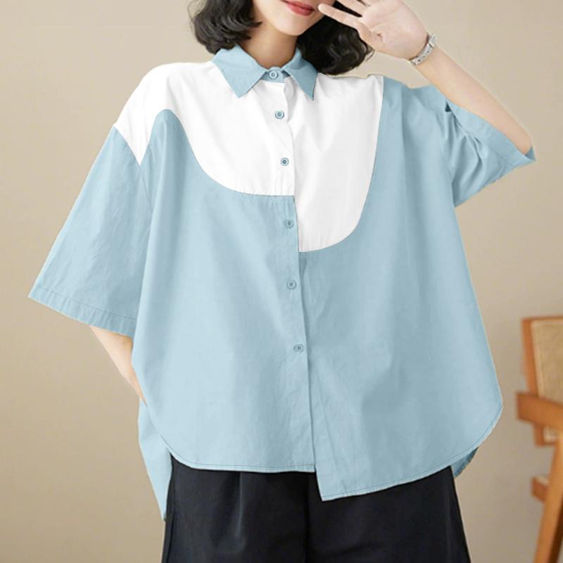 ZANZEA Women Casual Turn Down Collar Loose Patchwork Half Sleeve Blouse