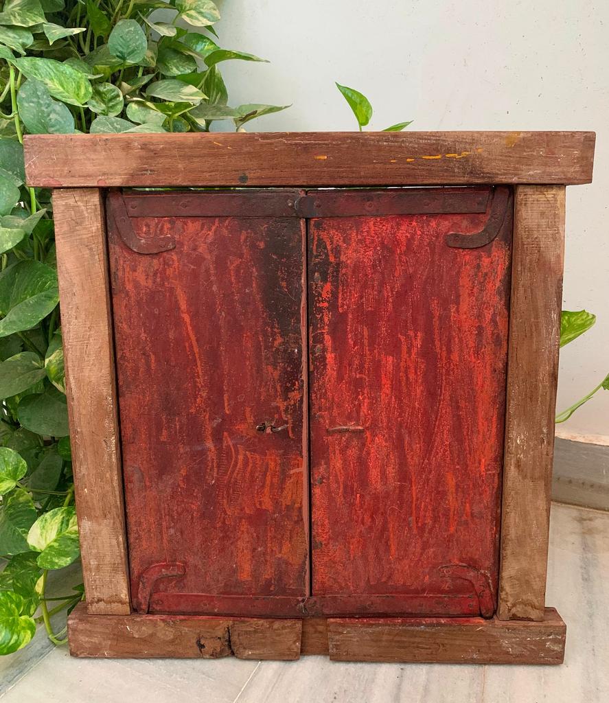 Hand Painted Ganesha Jharokha: Antique Wooden Window Wall Decor