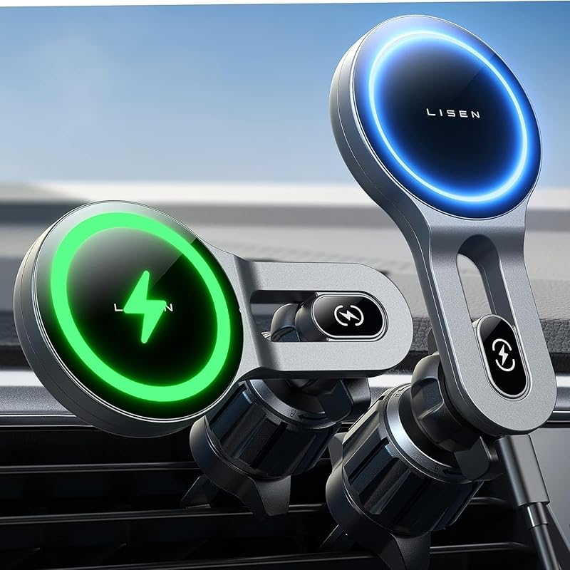 LISEN 15W MagSafe Car Mount Charger, [Stable & Fast Charging] Magnetic Wireless Car Charger, Car Phone Holder Charger Fits iPhone 17 Pro Max Air Compact/Small
