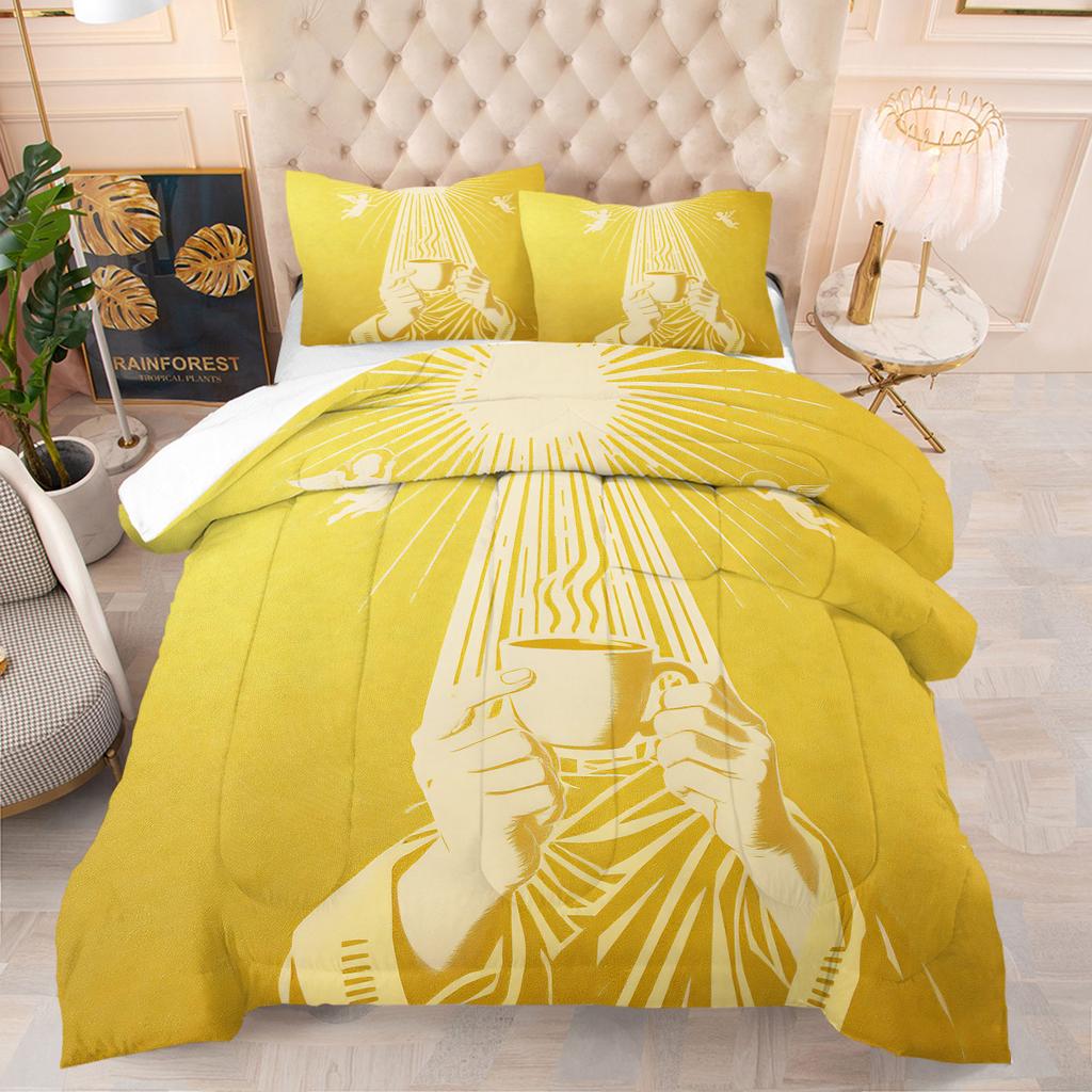 Unique Sacred Coffee Comforter Set Golden Sunburst Angel Hands Holding Coffee Cup Print Quilt Set Retro Bedding Set Home Decor