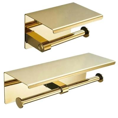 Suporte de rolo de papel higiênico multifuncional com prateleira de parede, suporte de rolo duplo para papel higiênico, dispensador de banheiro dourado