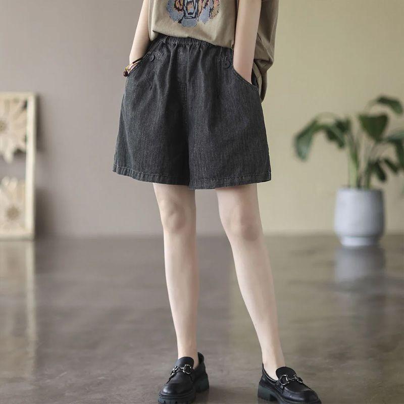 Fashionable Simple Denim Shorts for Women in Summer Thin Korean Style High Waist Loose Wide-leg Five-point Pants