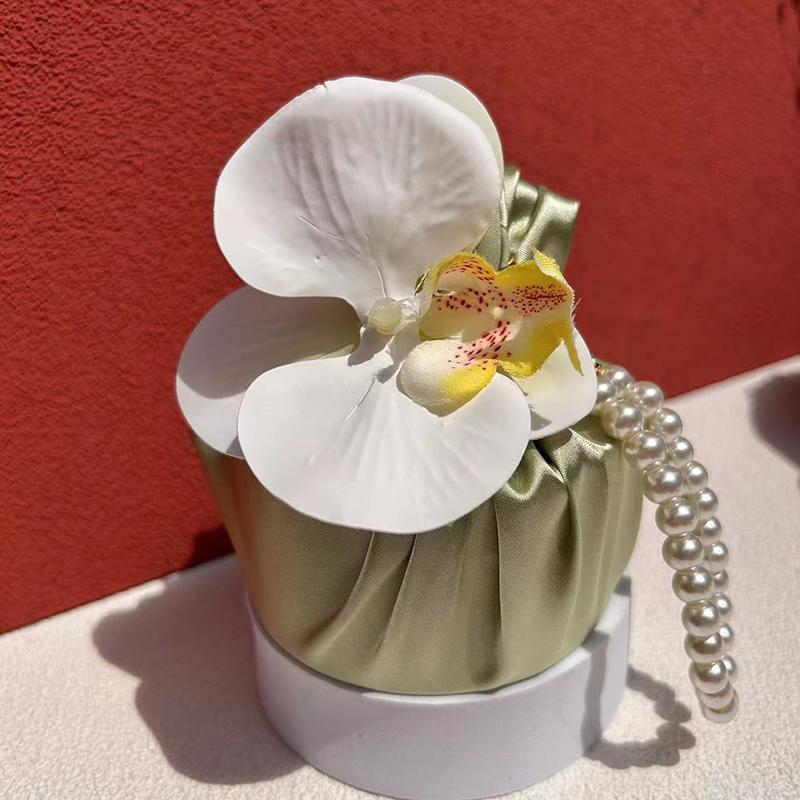 Fabric Flower Knot Bag Satin Silk Orchid Handbag Jewerly Packaging Box Wedding Candy Bag