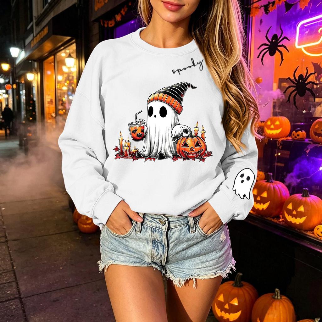Unisex Halloween Print Long Sleeve Neck Sweatshirt, Lightweight Pullover Casual Top for Men and Women
