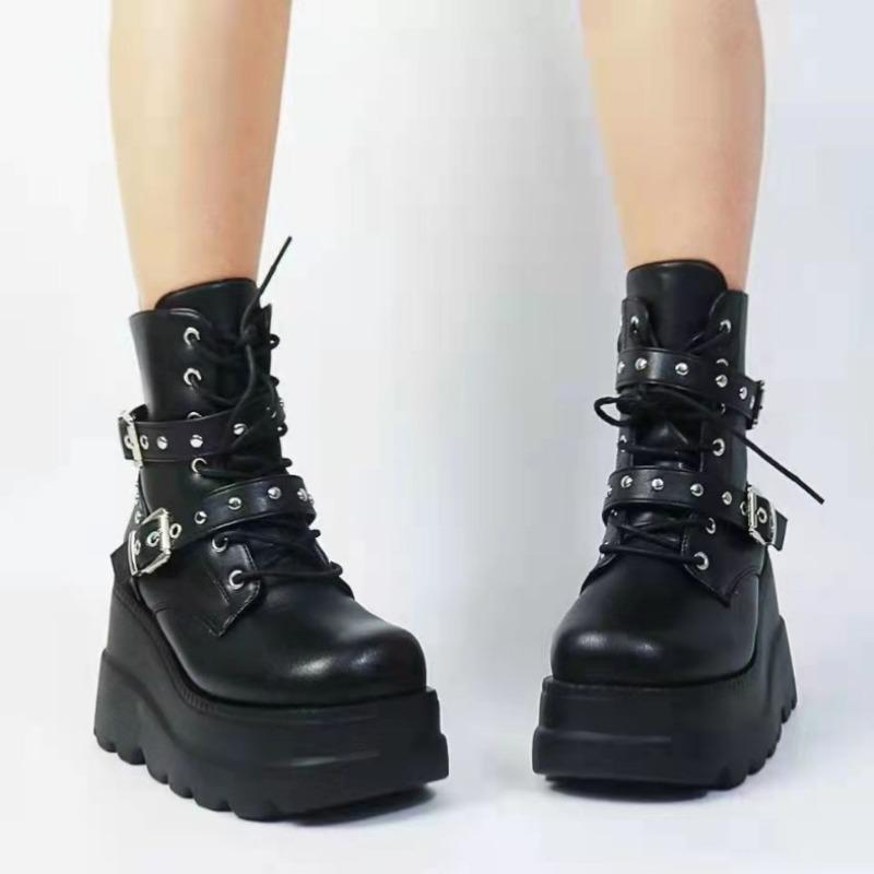 Fashion Fashion 2025 Ankle Women's Boots New Side Zipper Modern Boots Women Plus Size Belt Buckle Lace-up Best Seller Platform Heels