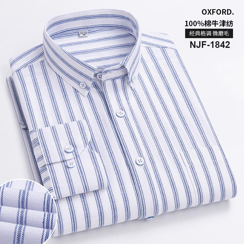 New Pure Cotton Business Men Oxford Shirt Long Sleeve Casual Plaid Striped with Chest Pocket Non-iron Autumn Spring
