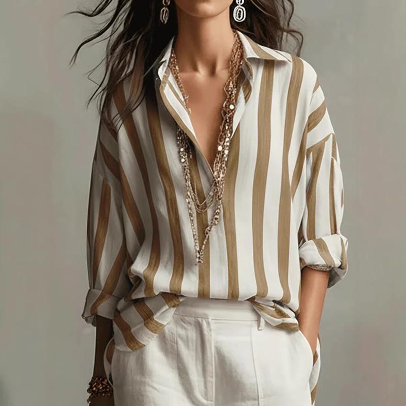 Women's Spring and Summer New Women's Striped Lapel Loose Fashionable Pullover Blouse Tops