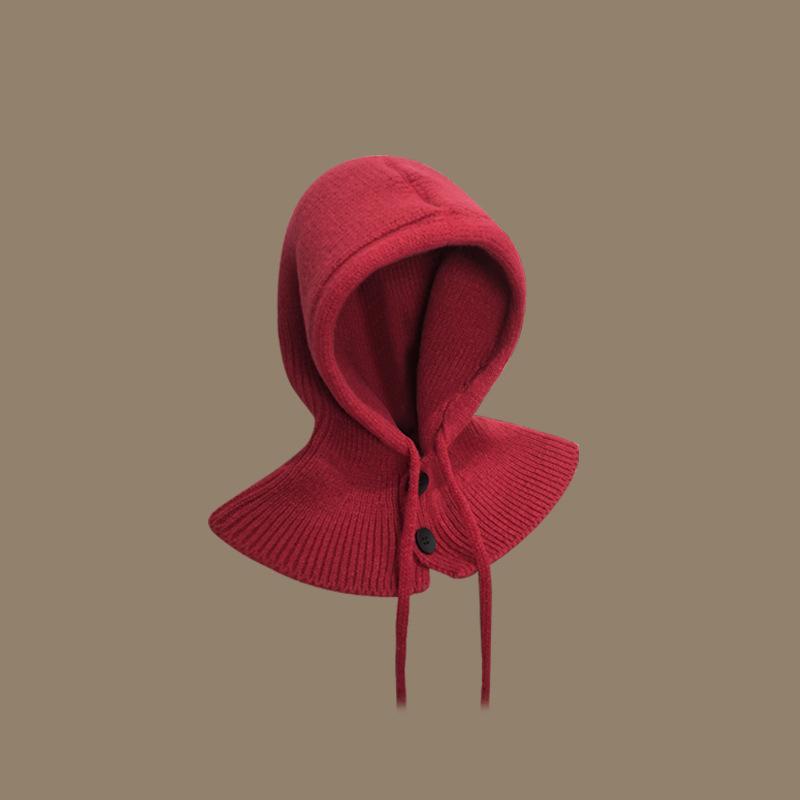 Style Hat Versatile Solid Color Warm Cover With Drawstring Hatscaps Knitted