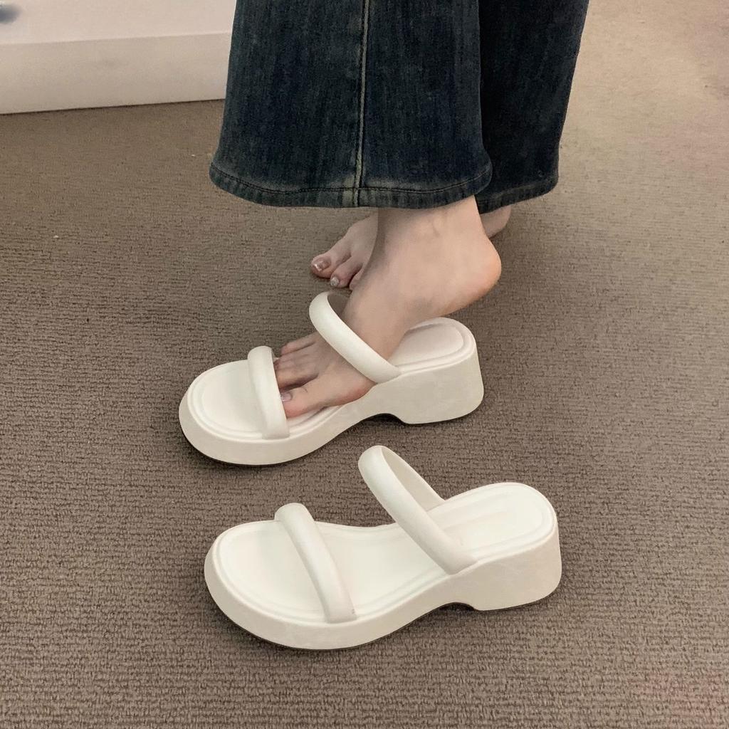 sponge cake thick-soled high-heeled black open-toed sandals for women's summer outer wear wedge heel small inner height increase with skirt cool slipp