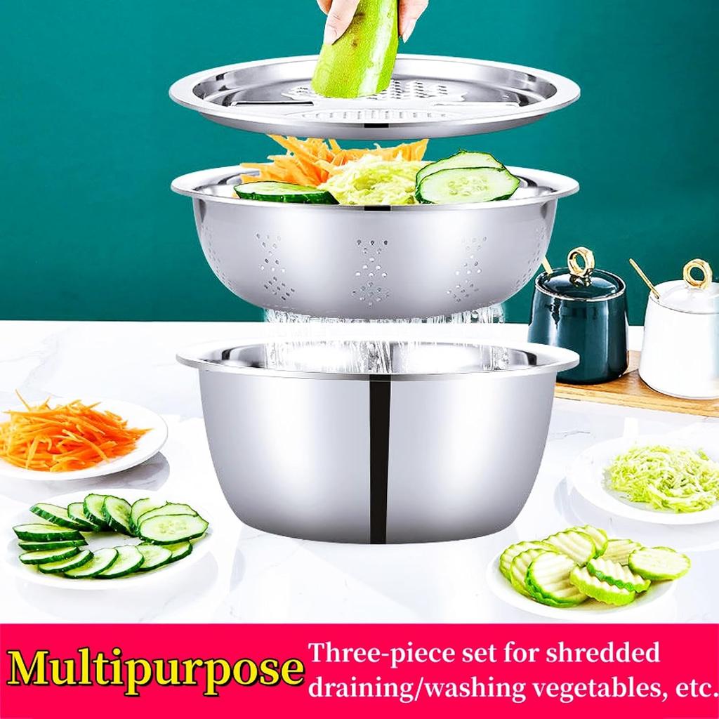 Germany Multifunctional Stainless Steel Basin,Stainless Steel Bowl With Grater Lid,5 In 1 Vegetable Cutter With Drain Basket, Grater Strainer And