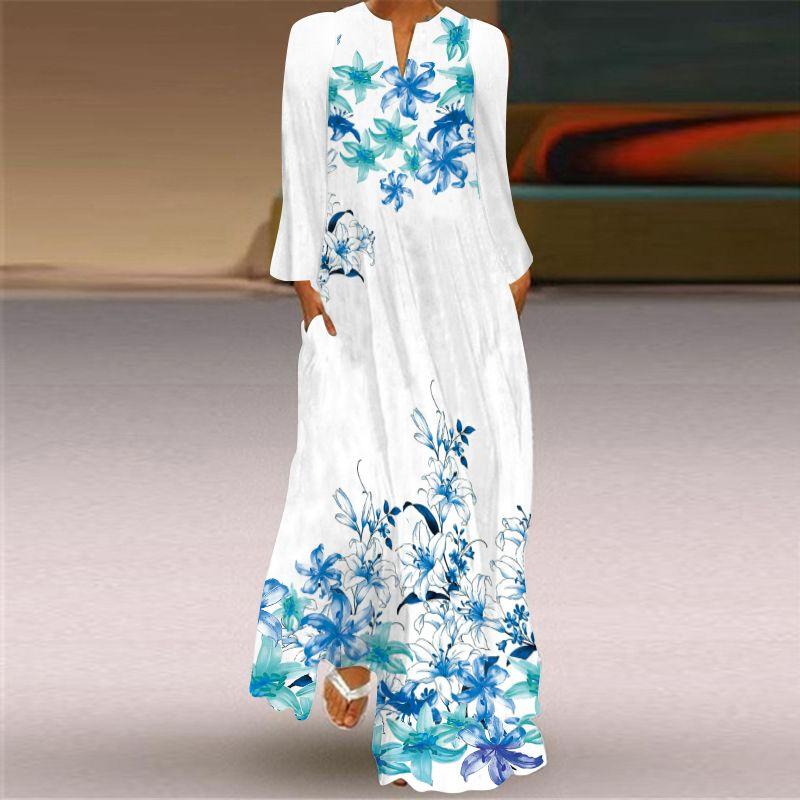 2025 Spring and Summer Fashion New Women's Retro Butterfly Print Long Dress Chiffon V Neck Long Sleeves Pocket Dress