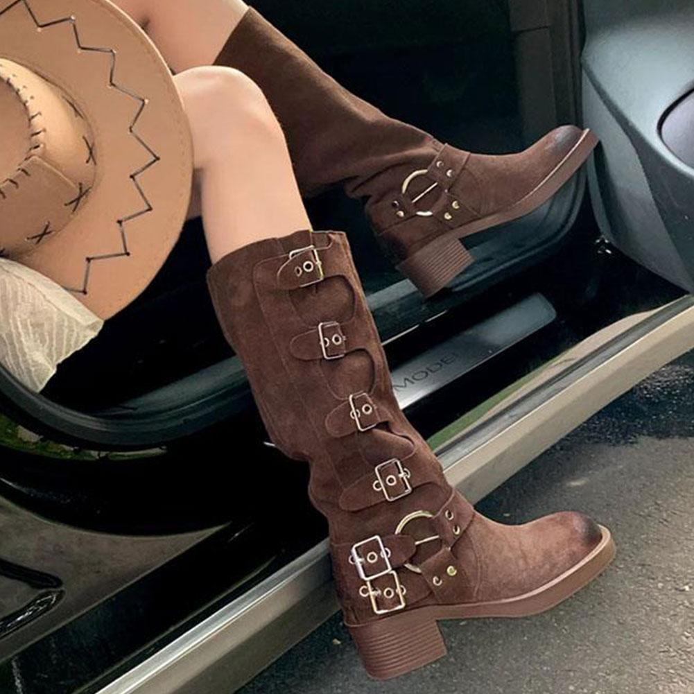 Genuine Leather Cow Suede 2023 Brand Designer Buckles Street Riding Boots Flock Knee High Motorcycles Boots Women Shoes