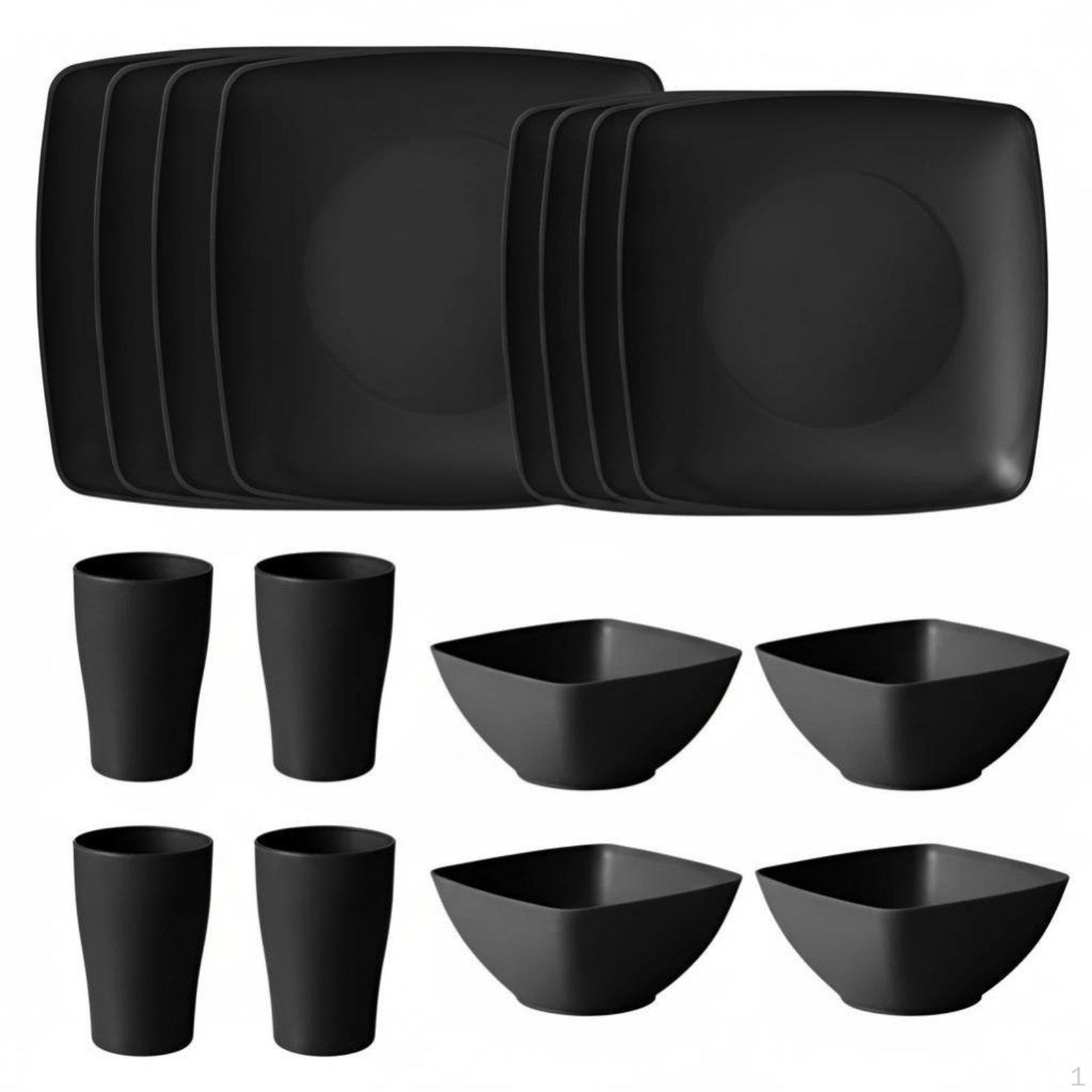Quadratisches Steak- und Salatschüssel-Geschirrset, Minimalistisch, Mehrfarbig, Mikrowellengeeignet Black 16-Piece Set