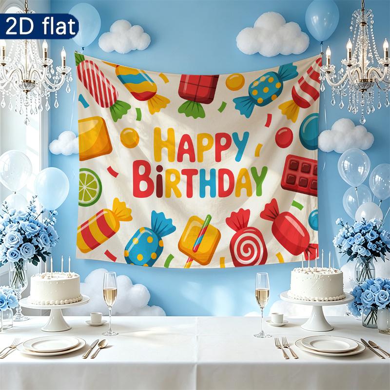Gifts Candy Sweet Birthday Celebration Banner, Colorful Polyester Backdrop for Party Decorations