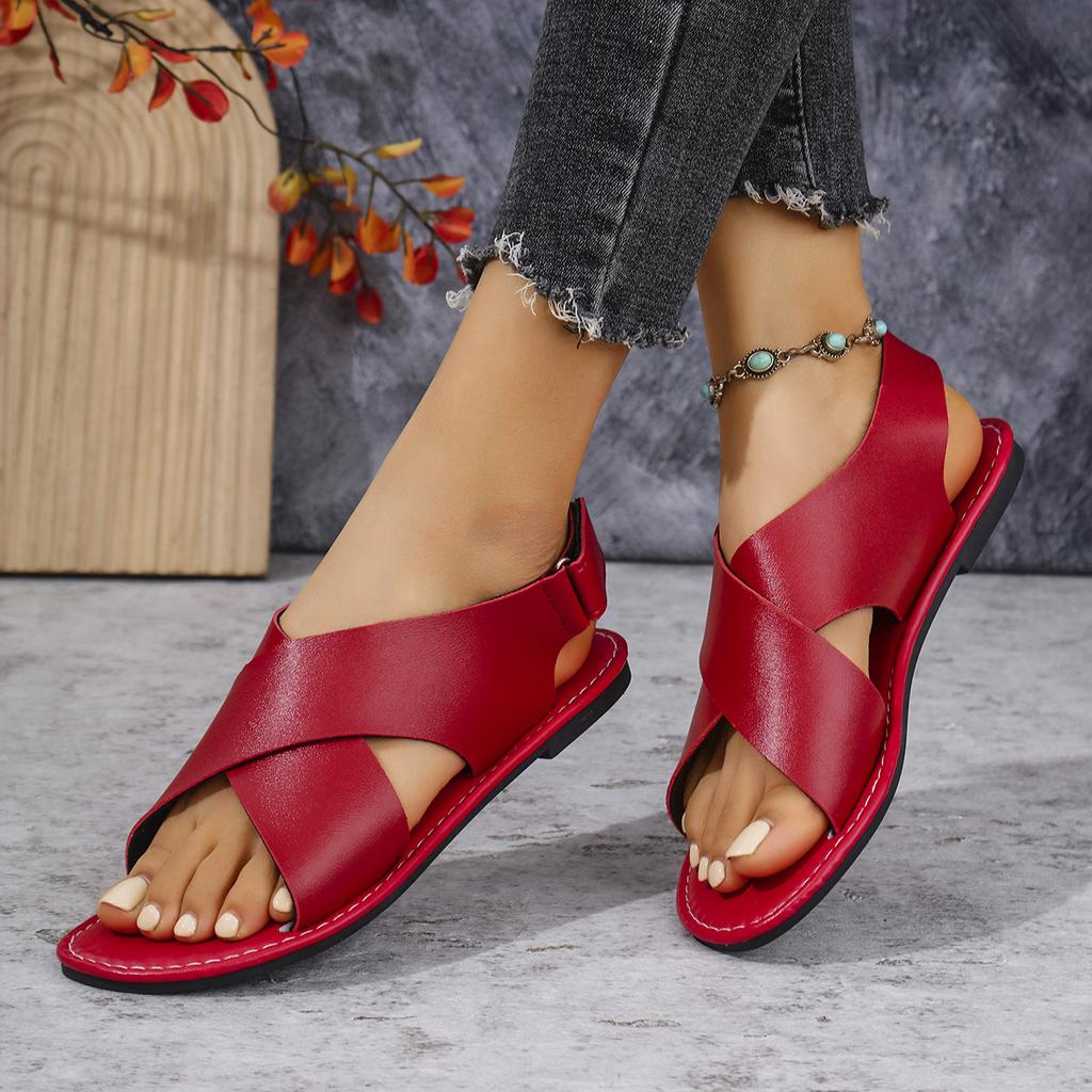 Summer Women's Cross Strap Retro Flat Bottom Wide Strap Beach Soft Bottom Sandals