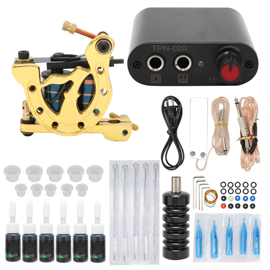 Complete Tattoo Kit Tattoo Power Supply Clip Cord Pedal Handle Needle Grommet Coil Tattoo Machine