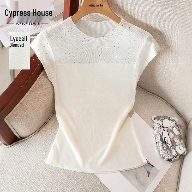 Women s Tencel Rhinestone Slim Fit Knit T-shirt One Size