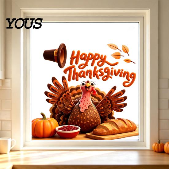 Seasonal Party Supplies Autumn Thanksgiving Turkey Window Static Sticker, Decorative Removable PVC Decals, Harvest Festival Art Theme Wall Clings