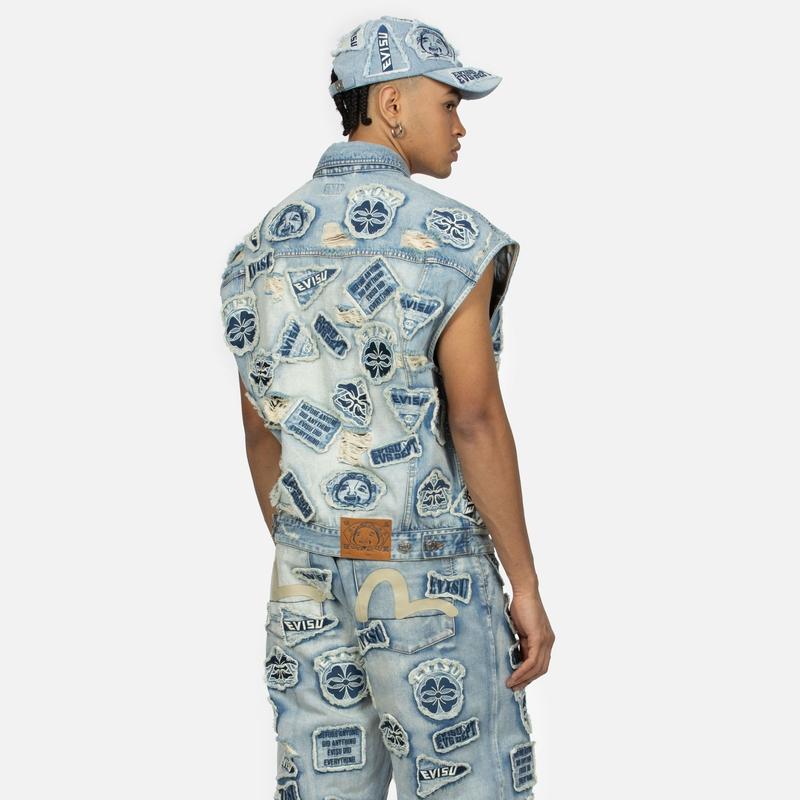 Evisu Multi Badge Distressed Wide Denim Vest Men Vests 2ESHTM4VS8109LFDN