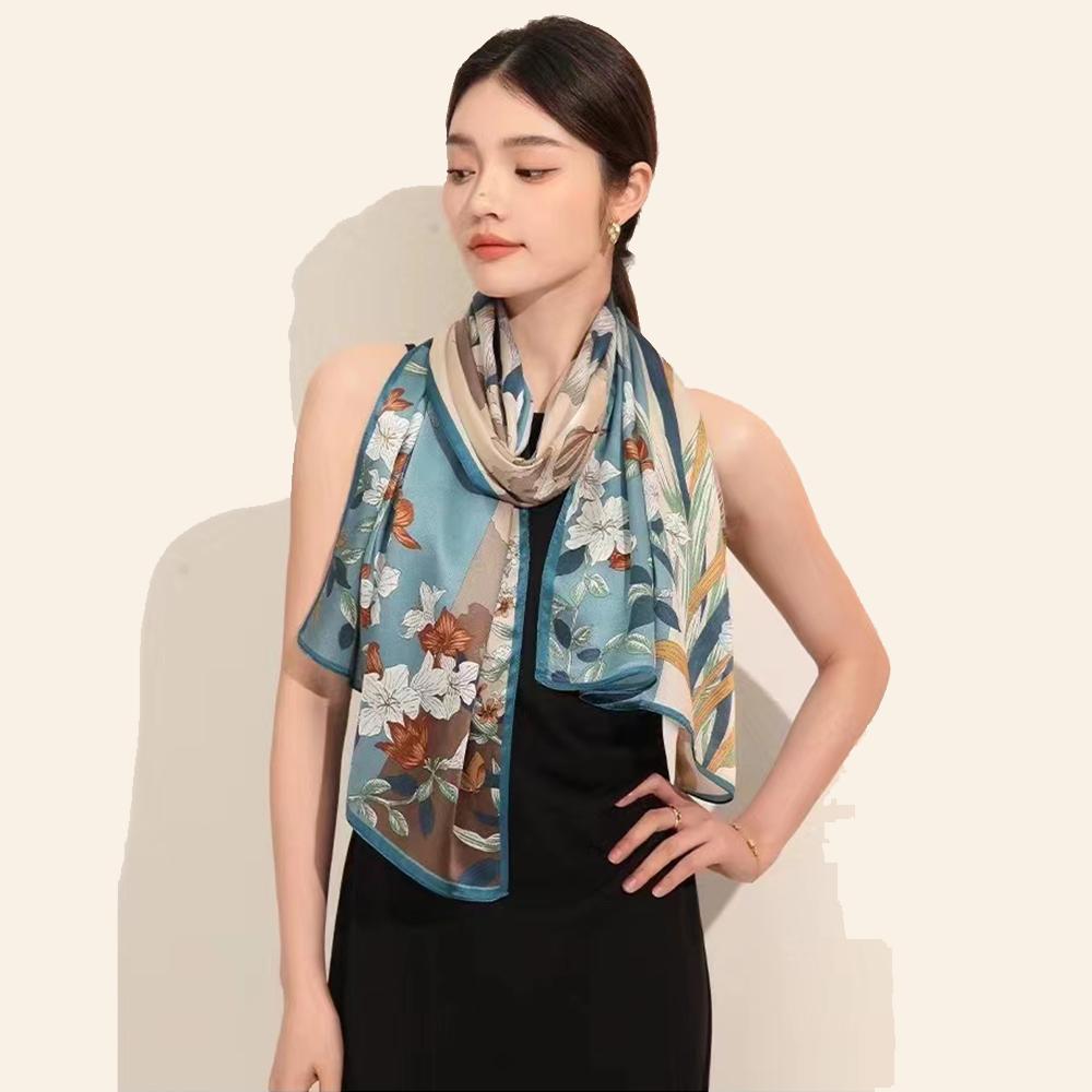 New Blue Women'S 100% Mulberry Silk Scarf Shawl 175*52Cm Fashion Floral Design Long Scarves Wraps Fall Winter Headscarves