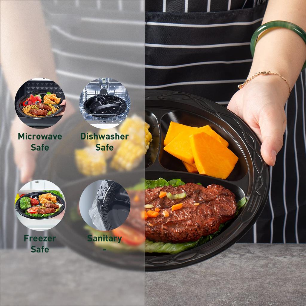 50pcs/100PCS Reusable Plastic Plates, 9 Inch 3 Compartments ,3 Pack Food Grade Material BPA Free Black Dinner Plates