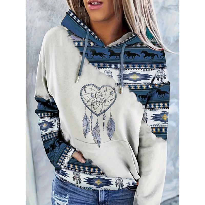 Vintage-Inspired Western Print Sweatshirt - Soft, Casual, Drawstring hoodie with Pocket for Women Long Sleeve Pullover Design