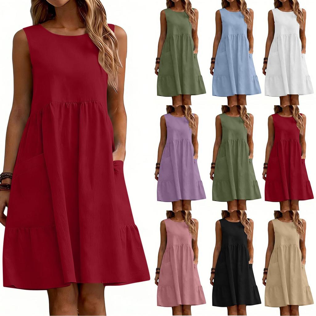 Women's Sleeveless Casual Sundress Cotton Linen A Line Dress with Pockets Summer Relaxed Fit Crew Neck Dress