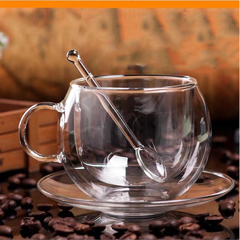 150/300ml Heat Double-layer Glass Cup Transparent with Handle Resistant Coffee Cup & Saucer Milk Juice Water Cup Festival Gift