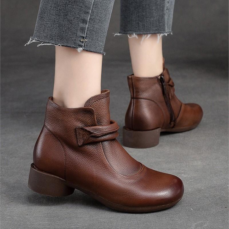 Johnature Retro Solid Color Short Boots Genuine Leather Round Toe Side Zipper Low Heel Casual Women's Shoes
