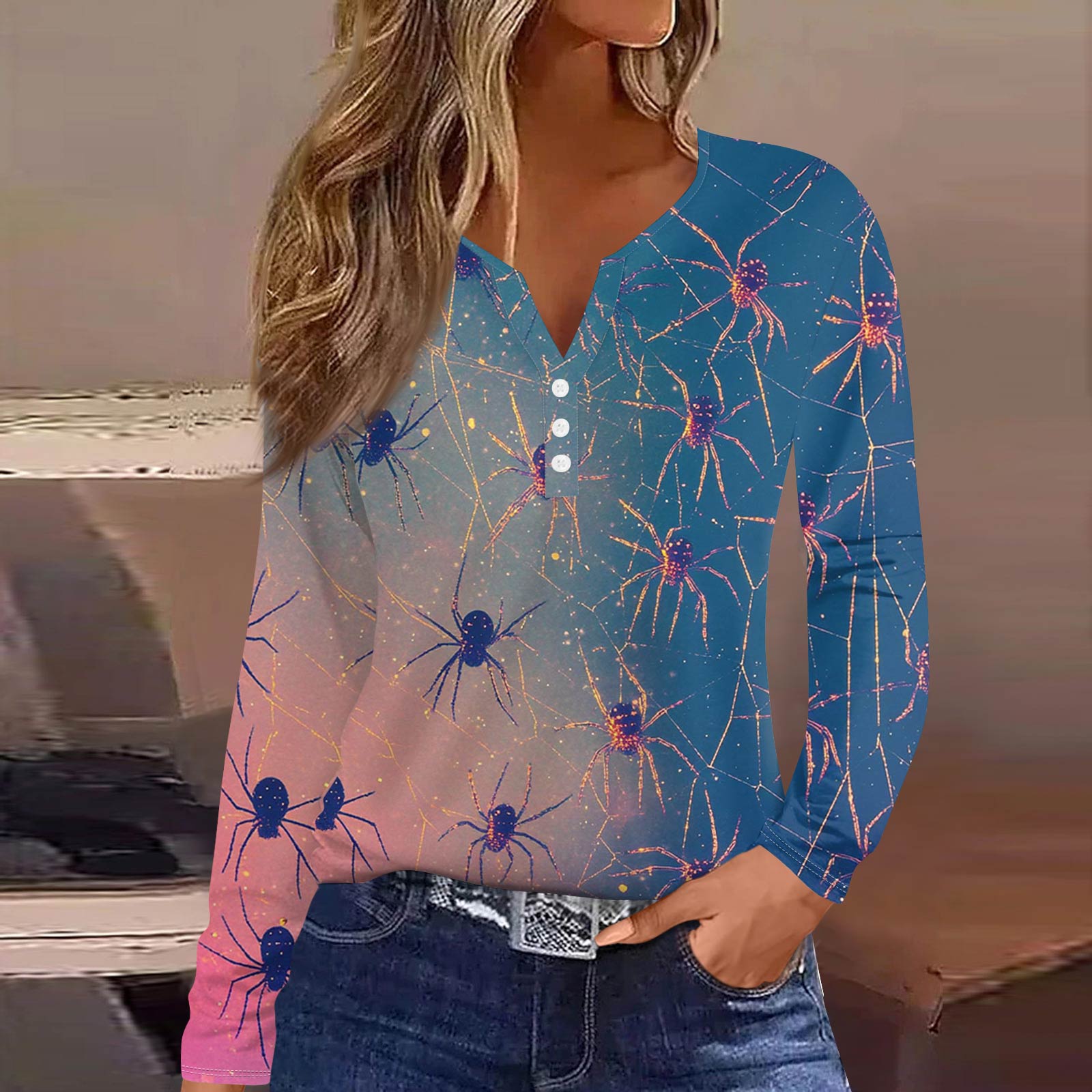 

Жен. Футболка Футболка на пуговицах с длинным рукавом Повседневные Выходные Мода Классический Топ с v-образным вырезом Обычный L синий