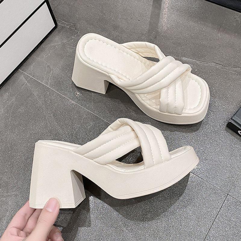 High-heeled Slippers 2025 Summer Soft-sided French High-end One-word Thick-bottomed Waterproof Table Women's Fashion Sandals