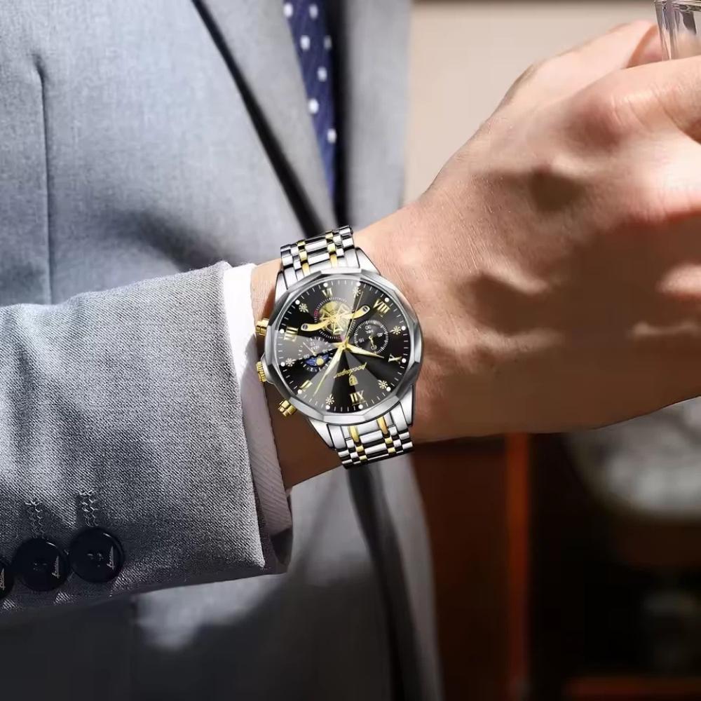 POEDAGAR Original Luxus Herrenuhr Wasserdicht Leuchtend Chronograph Armbanduhr Edelstahl Quarzuhren für Mann Reloj