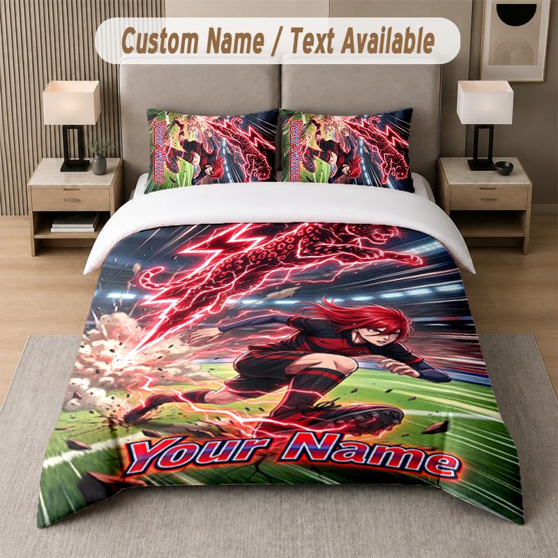 Blue Lock 3Pcs Bedding Set, Personalized Custom Name Text, 1 Duvet Cover & 2 Pillowcases For Bedroom