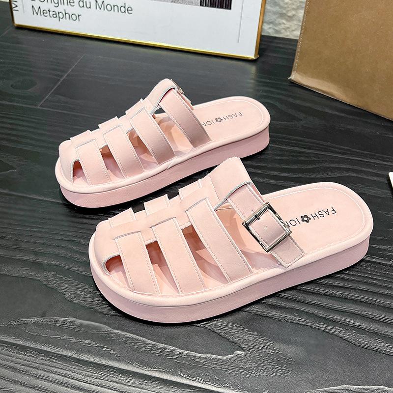 

Woven pig cage baotou half slippers women s summer new flat-bottomed buckle outer wear casual cool slippers 35 розовый