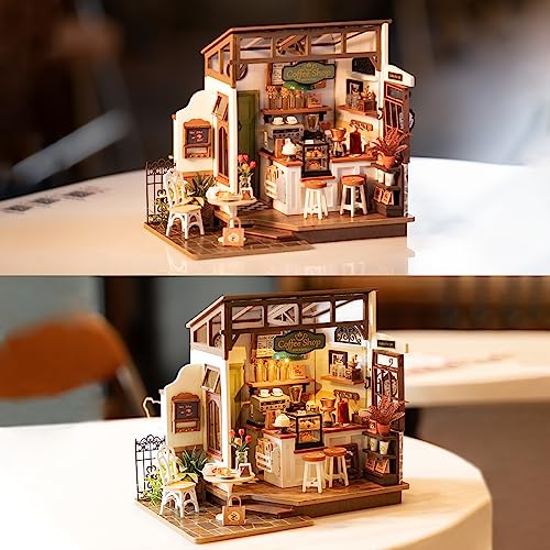 Robotime DIY Miniature Dollhouse Kit, Model House with LED Lights, Cafe Model Kit, DIY Craft, Birthday Gift, Home Decoration for Family and Friends
