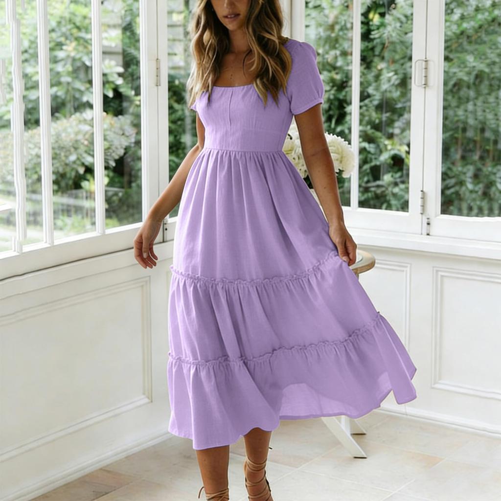 Women Summer Fashion Solid Color Square Neck Short Sleeve Bohemian Vacation Beach Dress Midi Length Casual Loose Fit