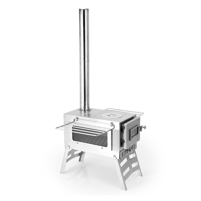 Portable Windproof Outdoor Stainless Steel Wood and Charcoal Camping Stove with Glass Heater and Grill