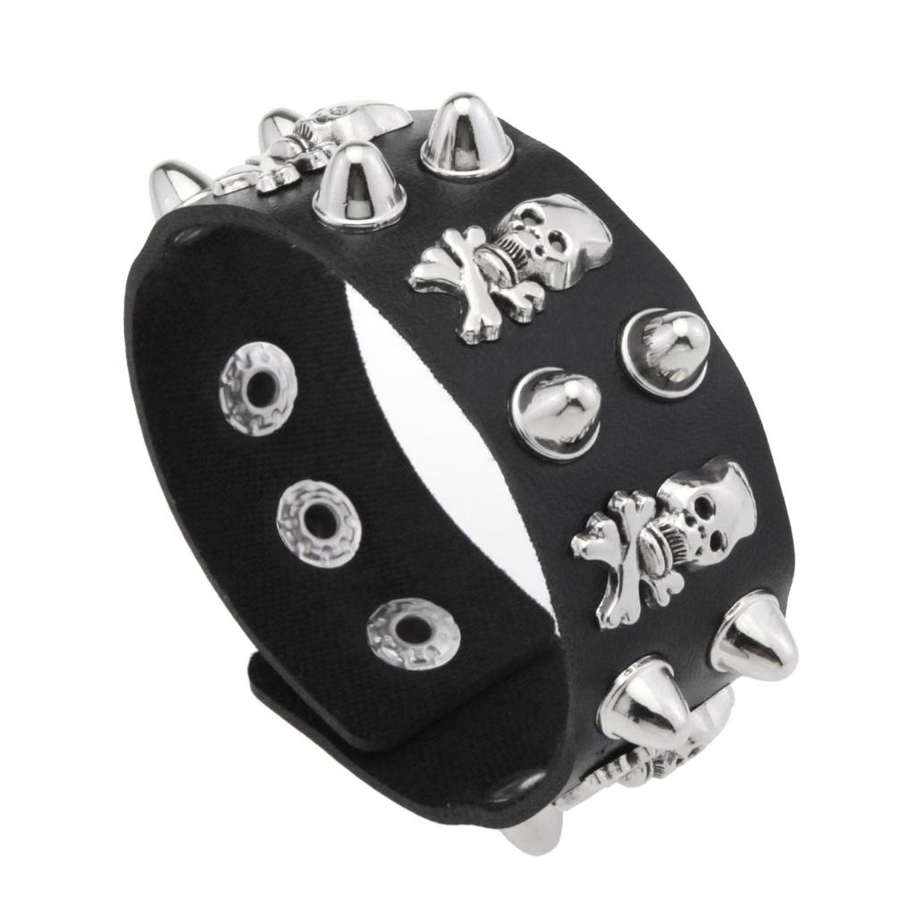 Breites PU-Leder Totenkopf Kegel Nieten Armband, Gothic Punk Verstellbares Druckknopf Handgelenkband Unisex Rock Handgelenkband