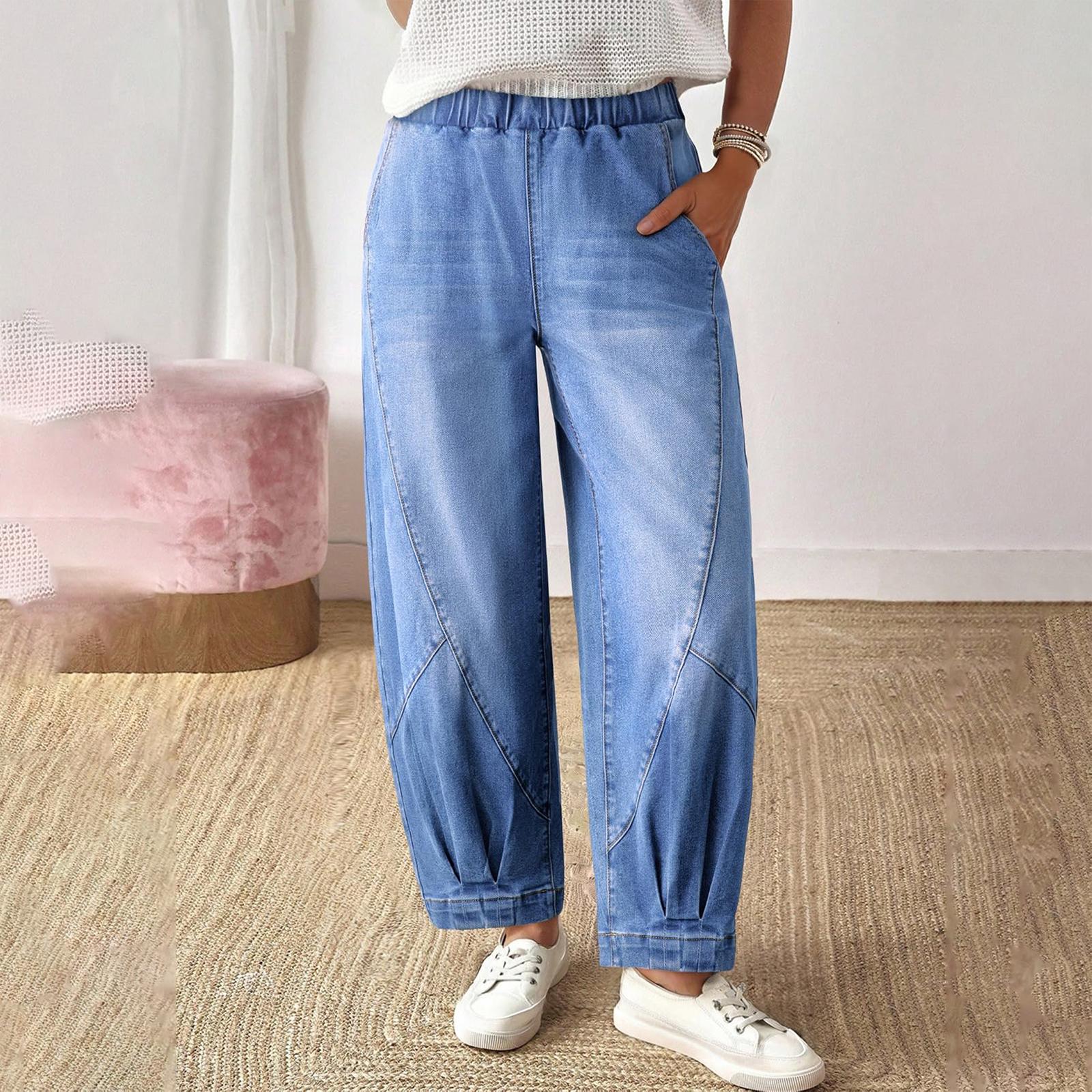 Womens Barrel Jeans Elastic High Waisted Stretchy Baggy Wide Leg Jeans L синий