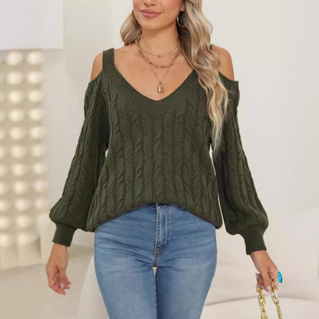 Women's Deep V Off Shoulder Loose Slouchy Knit Pullover Sweater, Fall Winter  Basic Top for Ladies