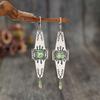 Vintage Silver Color Geometry Round Square Green Stone Carving Dangle Earrings for Women Jewelry