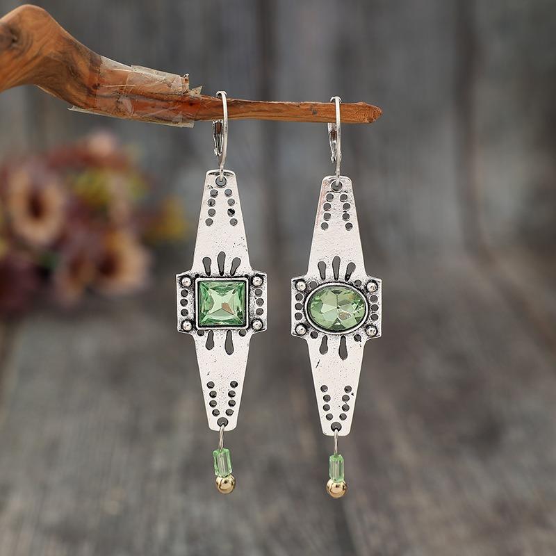 Vintage Silver Color Geometry Round Square Green Stone Carving Dangle Earrings for Women Jewelry
