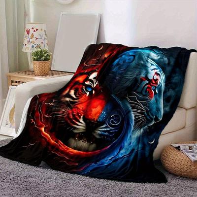1pc Yin Yang Tiger Cartoon Blanket Soft Throw for Room Decor, Perfect Gift for Friend, Living Room, Travel, Camping, Car Blankets
