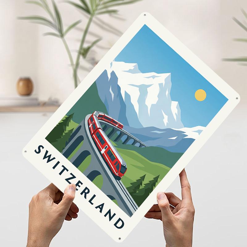 Schweiz Zugreisen Blechschild Plakette Poster Individuelle Wandkunst Retro Vintage Metallschilder für Man Cave Raumdekoration Gemütliche Deko